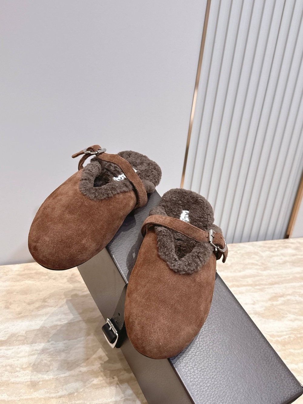 Alaia Brown Suede Mary Jane Shearling-Trim Slippers